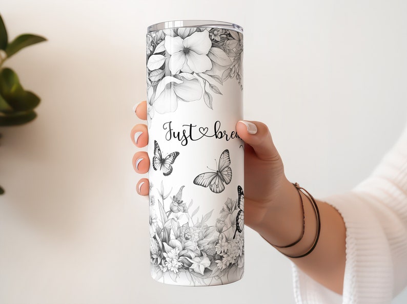 Just Breathe Black and White Butterfly Tumbler Wrap Png