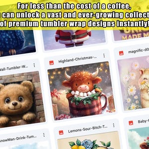 Pu&ograve; includere: Una collezione di design digitali per involucri di tumbler con varie illustrazioni di animali carini. I design includono un orso che sbircia da una finestra, una mucca delle Highlands in una tazza, un criceto bambino che tiene un fiore, un pupazzo di neve con una bevanda, un limone con fiori e una mucca delle Highlands bambina con una corona di fiori.
