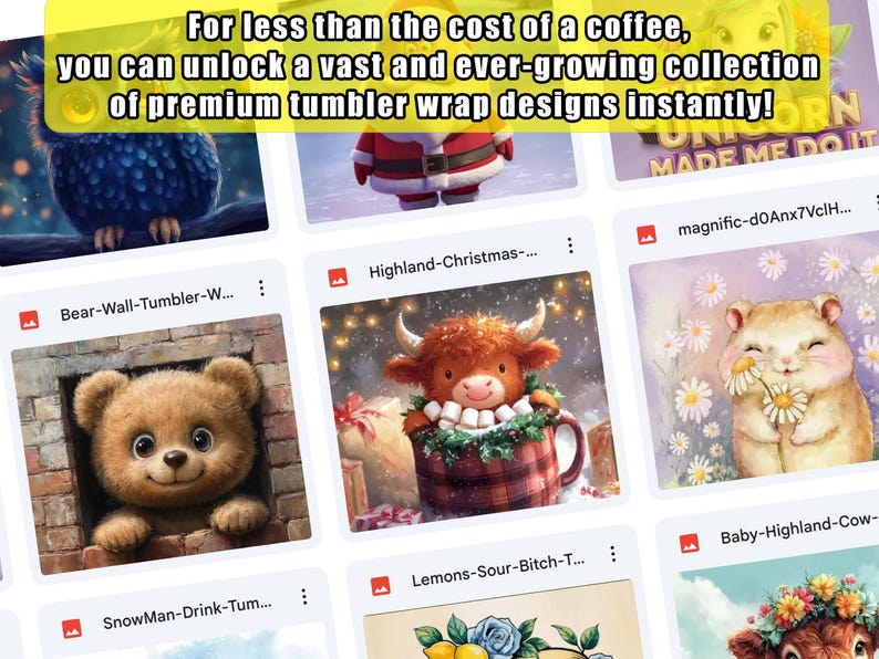 Pu&ograve; includere: Una collezione di design digitali per involucri di tumbler con varie illustrazioni di animali carini. I design includono un orso che sbircia da una finestra, una mucca delle Highlands in una tazza, un criceto bambino che tiene un fiore, un pupazzo di neve con una bevanda, un limone con fiori e una mucca delle Highlands bambina con una corona di fiori.