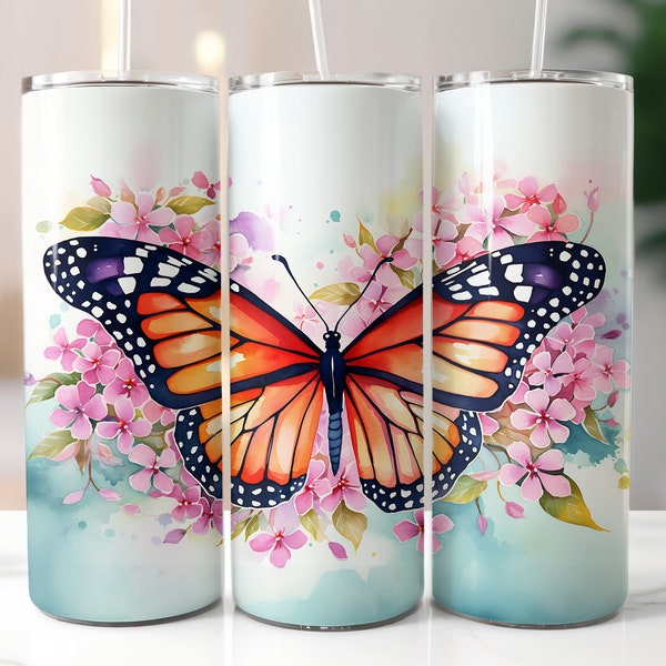 Monarch Butterfly 20 oz Skinny Tumbler Sublimation Design, Butterfly Tumblerwrap, Instant Digital Download PNG, Commercial Use