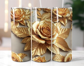 May include: Three gold metallic tumblers with a design of gold roses and leaves on a beige background.
