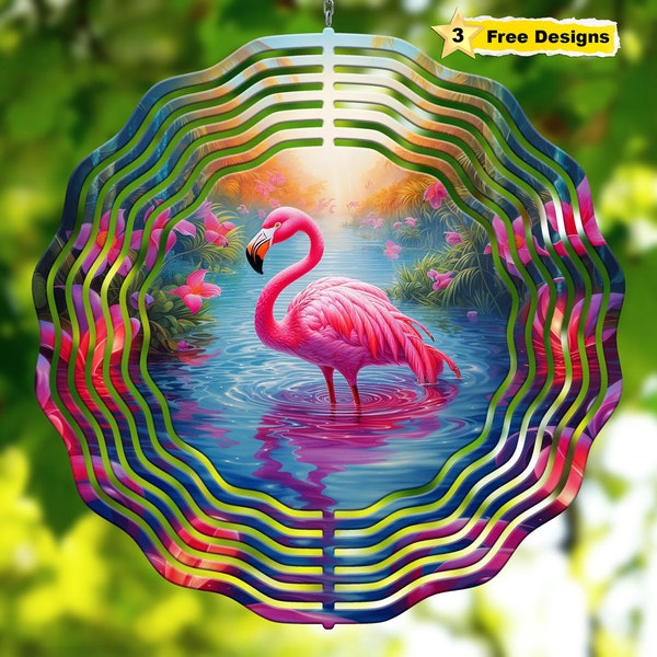 Neon Flamingo Wind Spinner Sublimation Design Png 10 inch Round Hanging Sublimation Designs WindSpinner PNG