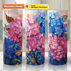 Stained Glass Hydrangea Flowers Tumbler Wrap Floral Wrap 20 oz Skinny Tumbler Sublimation Design Digital Download PNG