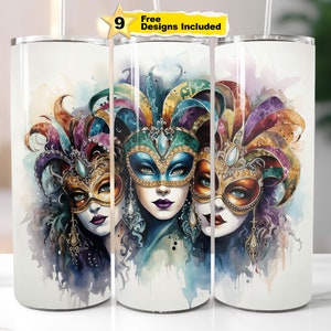 Mardi Gras New Orleans Party Female Masks Tumbler Wrap 20 oz Skinny Tumbler Sublimation Design Digital Download PNG Instant Download
