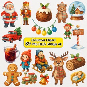 Cute Christmas Clipart Watercolor Christmas Clip Art Cute Christmas Characters Christmas Png Clipart Bundle Xmas Christmas Illustration