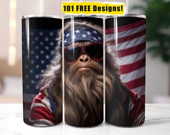 American Flag Bigfoot Tumbler Wrap Design: 20 Oz Skinny Sublimation (PNG Digital Download)