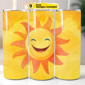 Happy Laughing Sun Tumbler Wrap Watercoloring for 20 oz Skinny Tumbler PNG Sublimation Seamless Design Instant Digital Download PNG