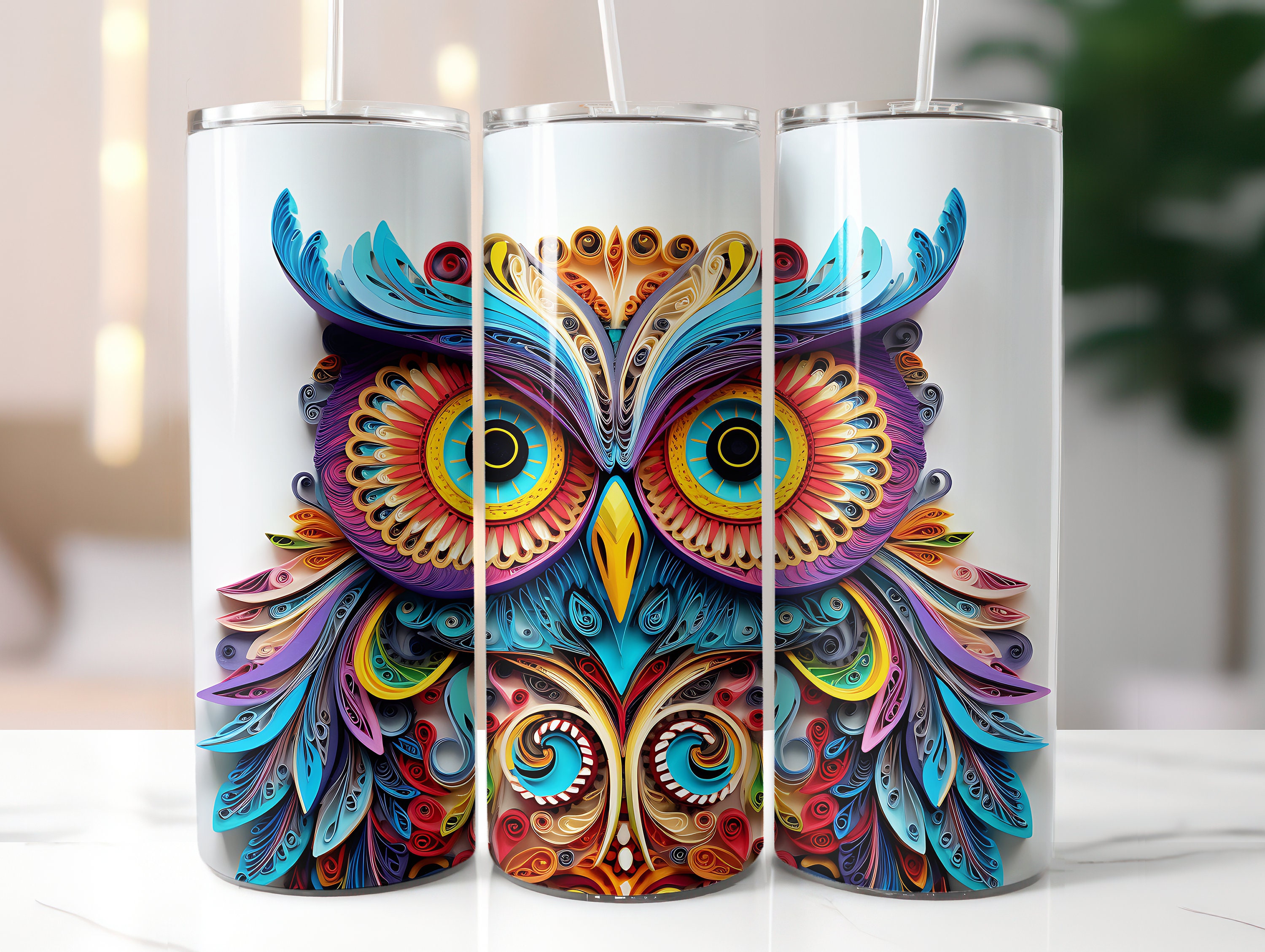3D Owl Tumbler Sublimation Design: Straight & Tapered Wrap (Digital Download)