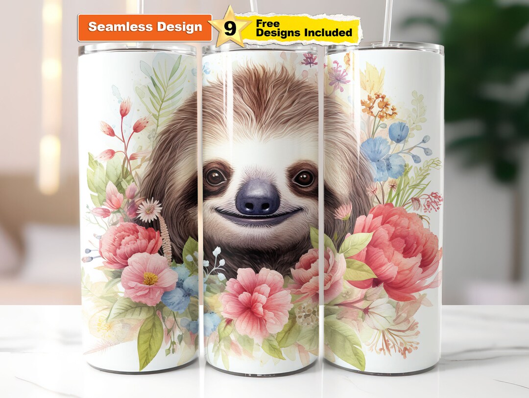Cute Sloth Floral 20 Oz Tumbler Wrap Seamless Design Png Sublimation ...
