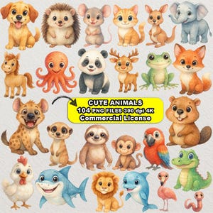 Watercolor Cute Animals Clipart 104 Cute Animal PNG Watercolor Animals Cute Animal Bundle Baby Animals Printable Animals Clipart Bundle