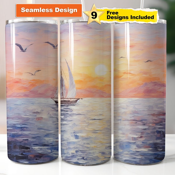 Boat Sailing Tumbler Wrap Oil Painting Design 20oz Skinny Tumbler Sublimation Design | Outdoor Tumblerwrap | PNG Digital Download File