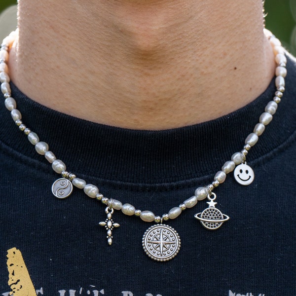 Süsswasserperlen Halskette, Perlenkette Herren, pearl chain necklace for men, Perlenkette, Perlenkette mit Anhänger, Perlenkette Männer