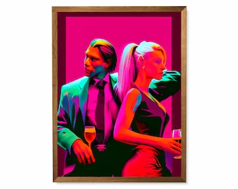 Pop Art Digital Portrait Art Print, Wall Decor, Couple, Cocktails, Drinks, Club, Modern WPAP Poster, Download, Pulp Fiction Inspired, Love