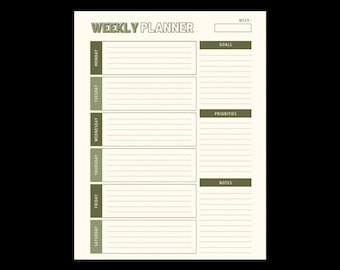 Wekelijkse plannersjabloon | Afdrukbaar werkblad | Digitale download | Organizer, kalender, tijdbeheer, weekschema, productiviteitstool