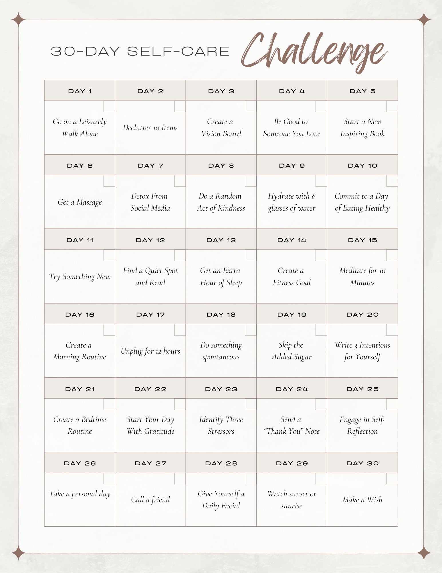 30 Day Self Challenge Template With Example | Printable Worksheet ...