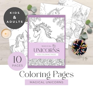 May include: A purple booklet with 10 coloring pages featuring magical unicorns. The cover shows a unicorn with a horn and flowing mane in a field of flowers. The text on the cover reads "Magical Unicorns Kids Coloring Pages".