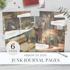 Puede incluir: Juego de seis páginas de diario basura con ilustraciones de estilo vintage de armaduras, pergaminos y paisajes. Las páginas presentan bordes rasgados y texto, con las palabras "Armor of God" y "Junk Journal Pages" debajo.