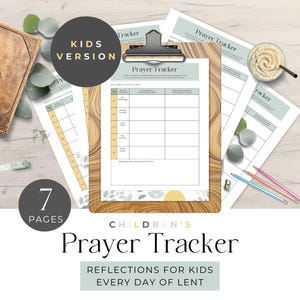 May include: A printable prayer tracker for kids, designed for use during Lent. The tracker has a green and white design with a yellow sun and green leaves. The text "CHILDREN'S PRAYER TRACKER" is printed in black at the bottom of the page. The text "REFLECTIONS FOR KIDS EVERY DAY OF LENT" is printed in black below the title.