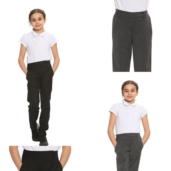 2 Button Front Belt Girls Half Elastic Waist School Uniform Trouser Black & Grey