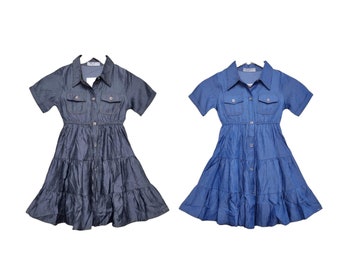 Girls Kids Button Front Denim Dresses With Pockets Short Sleeves Knee Lenght Casual Formal Dress Age 4-14 Years