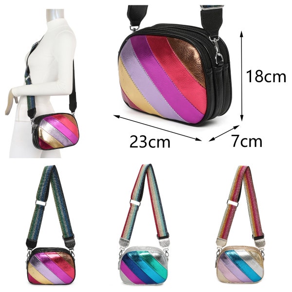 Metallic Stripes Crossbody Bag Colourful Shoulder Strap Women Handbag JM1390