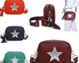 Silver Star Detail Tassel Crossbody Bag Women Canvas Shoulder Strap Handbag 1232