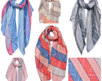 Ladies Premium Colourful Stripes Rectangle Scarf Soft Summer Holiday Neck Wraps Scarves 6710