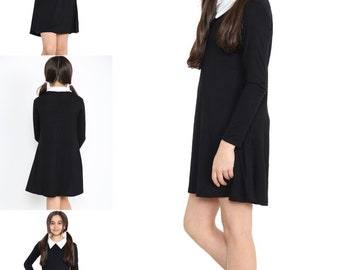 Girls Swing Dress Peter Pan Collar Long Sleeve Flared Viscos Skater Kids Dresses