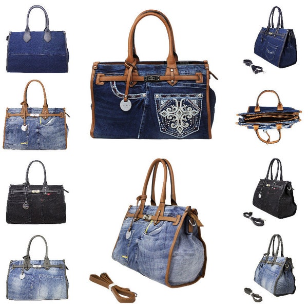 Ladies Denim Style Classic Contrast Grab Handle Large Tote Zipper Handbag Bag J8016
