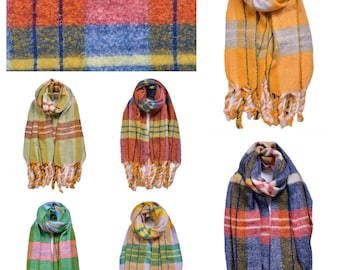 Golden Thread Woven Tartan Pattern Winter Blanket Women Scarf Tassel Hem 6673