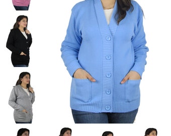 Ladies Plain Long Sleeve Open Front Knitted Button Pocket Cardigan Sweater Top