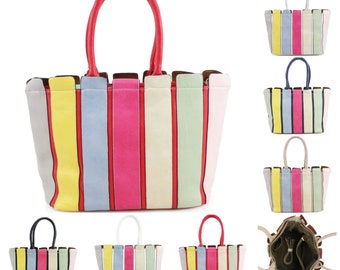 Women Vertical Multicolor Stripes Tote Bag Ladies Shoulder Handbag Crossbody Strap Smart Bag Purses 894