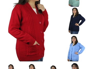 Women Cable Knit Pocket Long Sleeves Cardigans Ladies Jumpers Button Sweaters