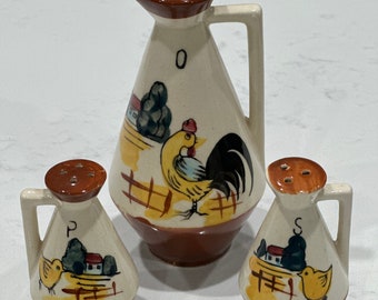 Vintage salt pepper oil cruet set / made in Japan / MCM / rooster farm country chick