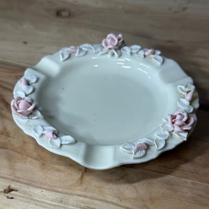 Vintage Dresden Ashtray ~ Barbiecore ~ pink roses on cream porcelain