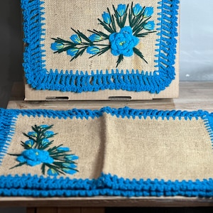 Crochet Knit and Burlap runner and placemat set ~ Vintage ~ Handmade Unused ~ Peacock blue