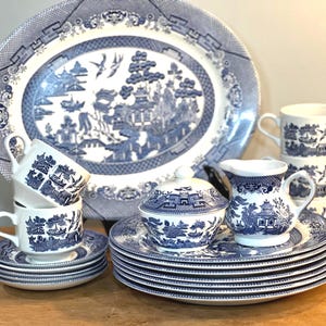 Blue willow Churchill Dinner, Saucer, Mug, Cups, Cream Sugar, Platter
