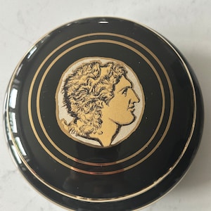 Vintage Black and Gold Trinket Bowl: Greek Alexander Design, Handmade