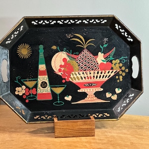 MCM Tole Painted Serving Tray ~ Lacquer Octagonal Gold Trim ~ Japan ~ Anthurium