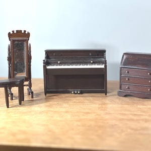 Vintage Dollhouse Furniture: Piano, Mirror, Desk, Table