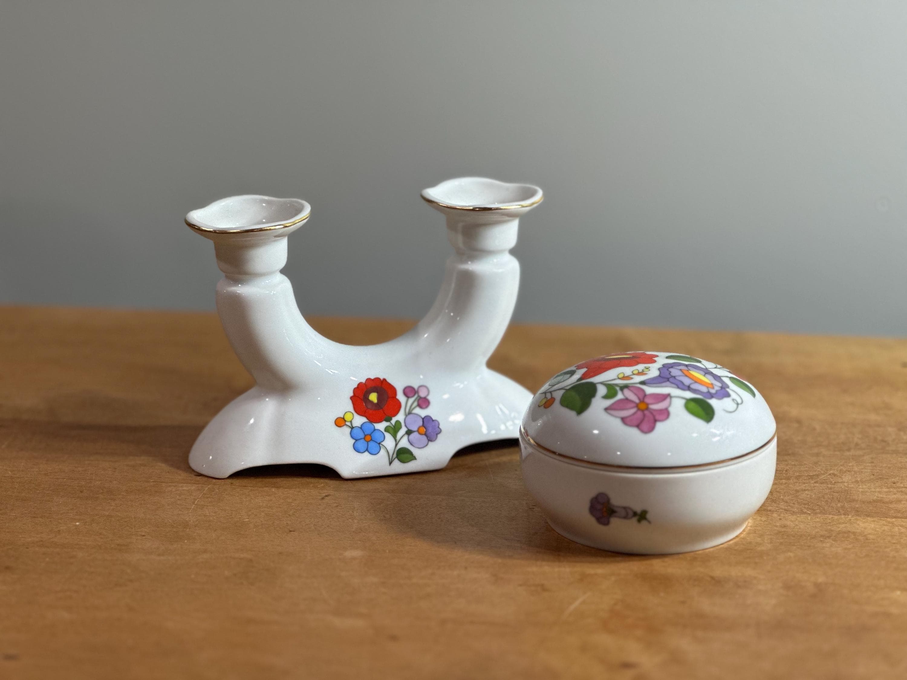 Vintage Kalocsa Hungarian Porcelain Hand Painted Double Candle