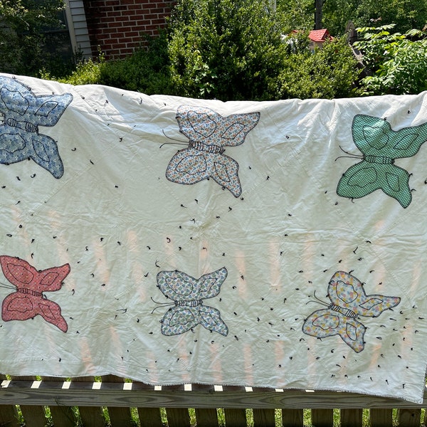 Antique feedsack quilt ~ butterflies ~ vintage rustic ~ primitive sack cloth