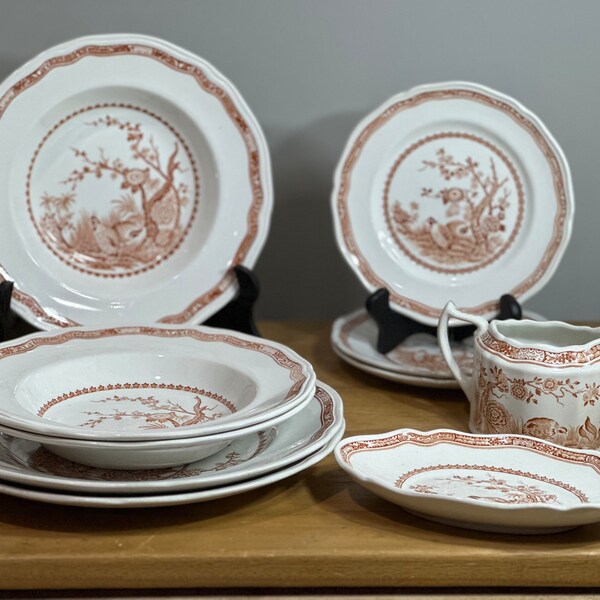 Antique Transferware Staffordshire English Furnivals Quail ~ brown & white ~ you choose plates serving bowls creamer