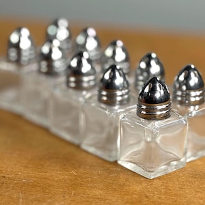 May include: A collection of ten small, square, clear glass salt and pepper shakers arranged in two rows. Each shaker features a polished, dome-shaped silver metal cap with small holes at the top for dispensing contents, creating a uniform set.