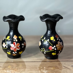Vintage Oaxaca vase ~ set of 2 ~ black with hand painted flowers ~ Boho Rustic