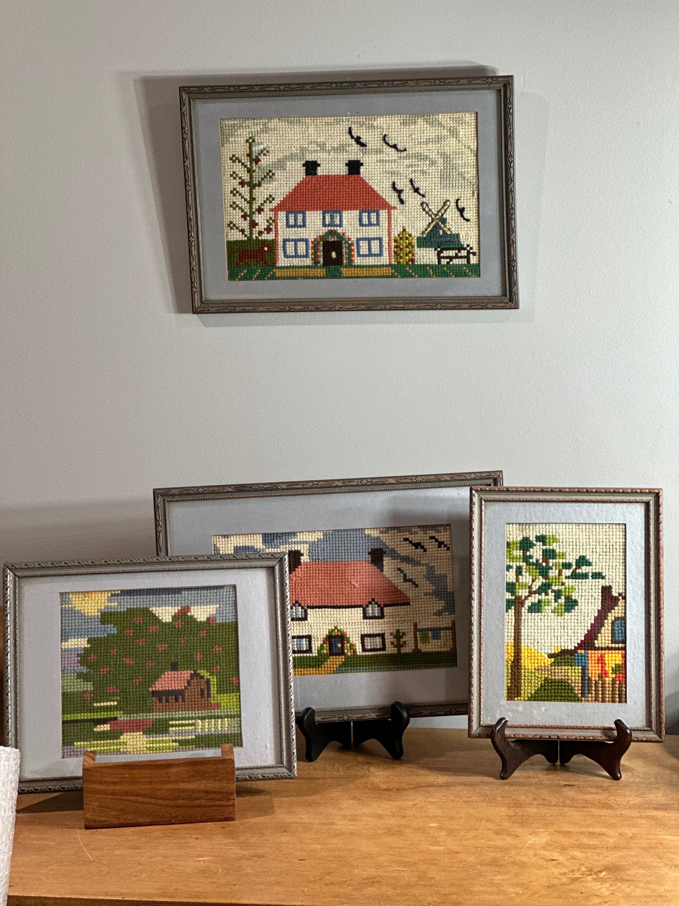 ▪️英国ヴィンテージ 額装刺繍 ニードルポイント コテージ風景 イングリッシュコテージ クロスステッチ ニードルポイント ～額装済み
