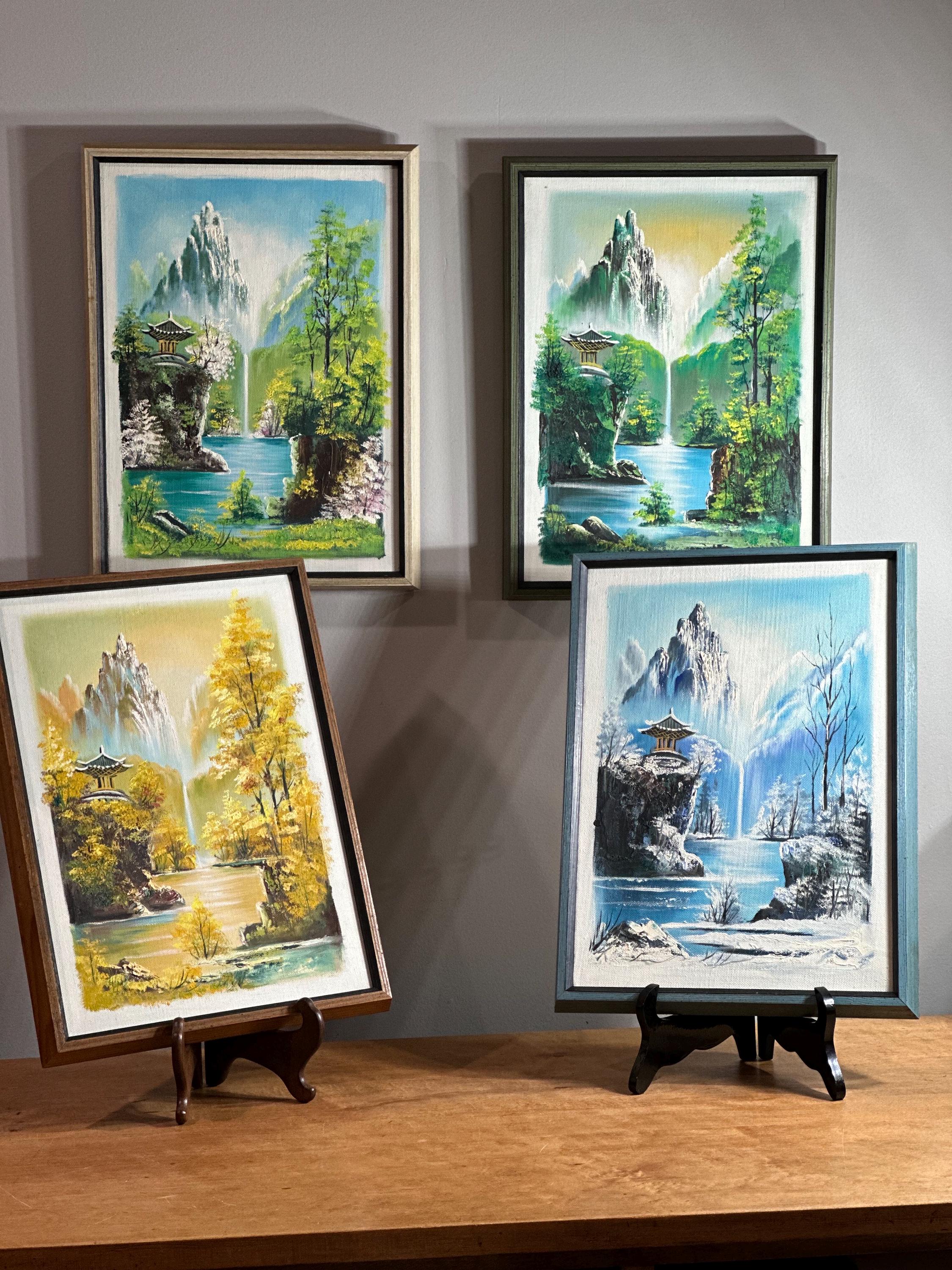 Vintage Asian Four Seasons Oil Paintings ~ MCM ~ Custom Frames