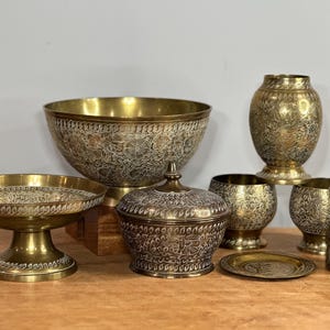 Vintage Etched Brass Footed Pedestal Bowl Vase Bell