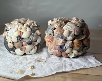 Natural Ornamental Shell Ball ~ Vase Filler Decor ~ Coastal Decor ~ Shell Ornament ~ covered buoy ~ Vintage set of 2