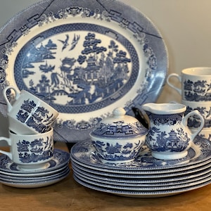 Blue willow Churchill Dinner, Saucer, Mug, Cups, Cream Sugar, Platter